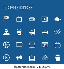 Set Of 20 Editable Cinema Icons. Includes Symbols Such As Broadcast, Reel, Bullhorn And More. Can Be Used For Web, Mobile, UI And Infographic Design.