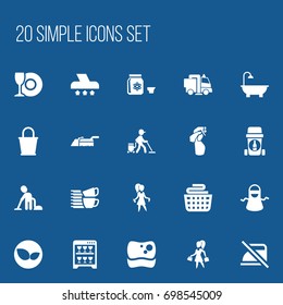 Set Of 20 Editable Cleaning Icons. Includes Symbols Such As Window Cleaner, Exhauster, Kitchen Clothing And More. Can Be Used For Web, Mobile, UI And Infographic Design.