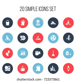 Set Of 20 Editable Cleanup Icons. Includes Symbols Such As Vacuum Cleaner, Pail, Housekeeping And More. Can Be Used For Web, Mobile, UI And Infographic Design.