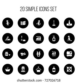 Set Of 20 Editable Cleanup Icons. Includes Symbols Such As Peg, Cleaner, Hand Sanitizer. Can Be Used For Web, Mobile, UI And Infographic Design.