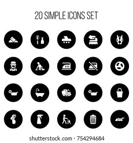 Set Of 20 Editable Cleanup Icons. Includes Symbols Such As Exhauster, Scrub, 60 Degrees And More. Can Be Used For Web, Mobile, UI And Infographic Design.