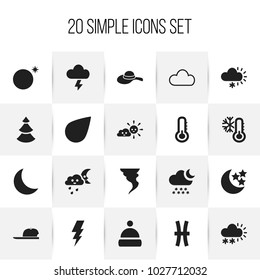Set of 20 editable climate icons. Includes symbols such as sunny weather, hat, crescent overcast and more. Can be used for web, mobile, UI and infographic design.