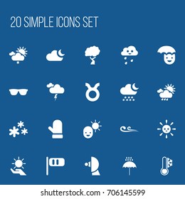 Set Of 20 Editable Climate Icons. Includes Symbols Such As Breeze Cone, Happy Man, Eyeglasses And More. Can Be Used For Web, Mobile, UI And Infographic Design.