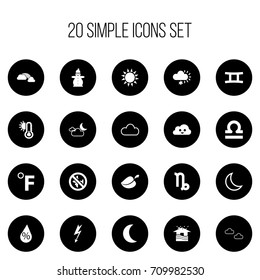 Set Of 20 Editable Climate Icons. Includes Symbols Such As Semidarkness, Frosty, Home And More. Can Be Used For Web, Mobile, UI And Infographic Design.