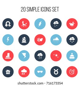 Set Of 20 Editable Climate Icons. Includes Symbols Such As Hail, Waterproof Shoes, Eyeglasses And More. Can Be Used For Web, Mobile, UI And Infographic Design.