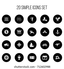 Set Of 20 Editable Complex Icons. Includes Symbols Such As Plane, Bicycle, Medals And More. Can Be Used For Web, Mobile, UI And Infographic Design.