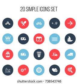 Set Of 20 Editable Complex Icons. Includes Symbols Such As Camion, Cogwheel, Dumbbell And More. Can Be Used For Web, Mobile, UI And Infographic Design.