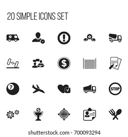 Set Of 20 Editable Complicated Icons. Includes Symbols Such As Currency, Dialogue, Cutlery And More. Can Be Used For Web, Mobile, UI And Infographic Design.