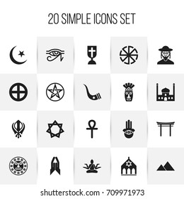 Set Of 20 Editable Dyne Icons. Includes Symbols Such As Blessing, Shinto, Mohammedanism And More. Can Be Used For Web, Mobile, UI And Infographic Design.
