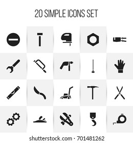 Set Of 20 Editable Equipment Icons. Includes Symbols Such As Scale, Drill, Grass Cutting Machine And More. Can Be Used For Web, Mobile, UI And Infographic Design.