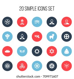 Set Of 20 Editable Faith Icons. Includes Symbols Such As Enchanter Stick, Plus In Circle, Clergyman And More. Can Be Used For Web, Mobile, UI And Infographic Design.