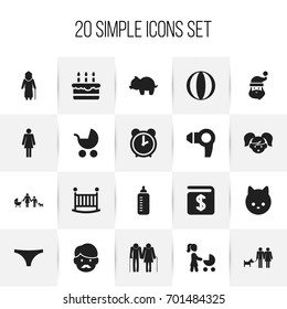 Set Of 20 Editable Family Icons. Includes Symbols Such As Moneybox, Perambulator, Perambulator And More. Can Be Used For Web, Mobile, UI And Infographic Design.