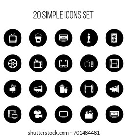 Set Of 20 Editable Filming Icons. Includes Symbols Such As Film Spectacles, Megaphone, Reel And More. Can Be Used For Web, Mobile, UI And Infographic Design.