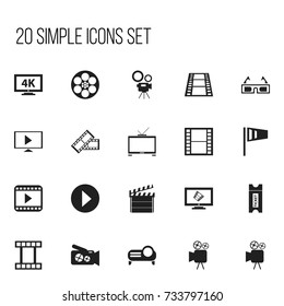 Set Of 20 Editable Filming Icons. Includes Symbols Such As Reel, Ultra Display, Tripod And More. Can Be Used For Web, Mobile, UI And Infographic Design.