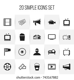 Set Of 20 Editable Filming Icons. Includes Symbols Such As Display Unit, Video Camera, Tv And More. Can Be Used For Web, Mobile, UI And Infographic Design.