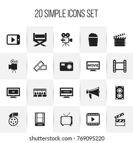 Set Of 20 Editable Filming Icons. Includes Symbols Such As Photographing, Telly, Movie And More. Can Be Used For Web, Mobile, UI And Infographic Design.