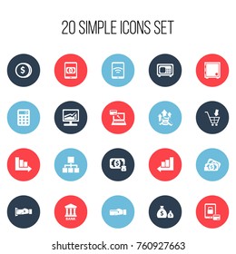 Set Of 20 Editable Financial Icons. Includes Symbols Such As E-Commerce, Calculator, Treasure And More. Can Be Used For Web, Mobile, UI And Infographic Design.