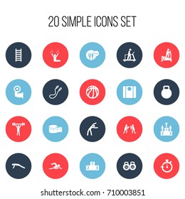 Set Of 20 Editable Fitness Icons. Includes Symbols Such As Acrobat, Exercise, Jump Training And More. Can Be Used For Web, Mobile, UI And Infographic Design.