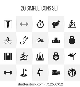 Set Of 20 Editable Fitness Icons. Includes Symbols Such As Strength, Gauntlet, Basket Play And More. Can Be Used For Web, Mobile, UI And Infographic Design.
