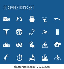 Set Of 20 Editable Fitness Icons. Includes Symbols Such As Platform For Winner, Cloth Ruler, Bicycle Rider And More. Can Be Used For Web, Mobile, UI And Infographic Design.