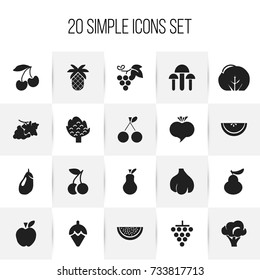 Set Of 20 Editable Fruits Icons. Includes Symbols Such As Sugar Basin, Cluster, Radish And More. Can Be Used For Web, Mobile, UI And Infographic Design.