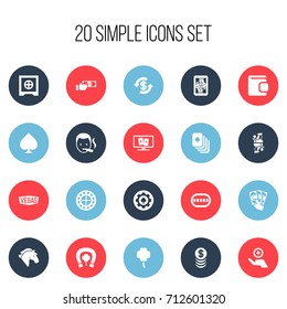 Set Of 20 Editable Gambling Icons. Includes Symbols Such As Horseshoe With Clover, Lucky Leaf, Strongbox And More. Can Be Used For Web, Mobile, UI And Infographic Design.