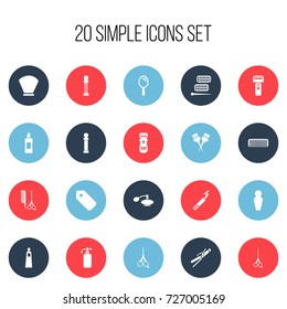 Set Of 20 Editable Hairdresser Icons. Includes Symbols Such As Scissors With Comb, Curler Device, Besom And More. Can Be Used For Web, Mobile, UI And Infographic Design.