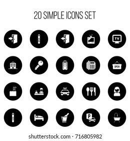 Set Of 20 Editable Hotel Icons. Includes Symbols Such As Monitor, Bearings, Unblock Access And More. Can Be Used For Web, Mobile, UI And Infographic Design.