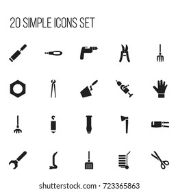 Set Of 20 Editable Instrument Icons. Includes Symbols Such As Putty Knife, Harrow, Gauntlet And More. Can Be Used For Web, Mobile, UI And Infographic Design.