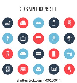 Set Of 20 Editable Interior Icons. Includes Symbols Such As Television, Seat, Wooden Table And More. Can Be Used For Web, Mobile, UI And Infographic Design.