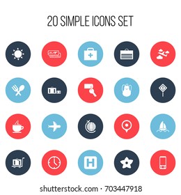 Set Of 20 Editable Journey Icons. Includes Symbols Such As Doctor Case, Boarding Pass, Cutlery And More. Can Be Used For Web, Mobile, UI And Infographic Design.