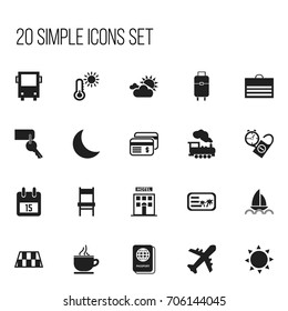 Set Of 20 Editable Journey Icons. Includes Symbols Such As Thermometer, Plastic Money, Yacht And More. Can Be Used For Web, Mobile, UI And Infographic Design.