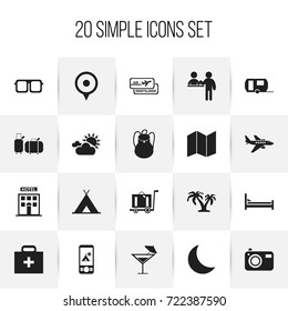 Set Of 20 Editable Journey Icons. Includes Symbols Such As Hotel, Mattress, Tree And More. Can Be Used For Web, Mobile, UI And Infographic Design.