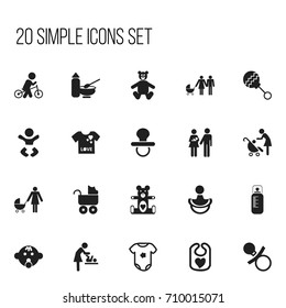 Set Of 20 Editable Kid Icons. Includes Symbols Such As Changing Cloth Infant, Velocipede, Preambulator And More. Can Be Used For Web, Mobile, UI And Infographic Design.