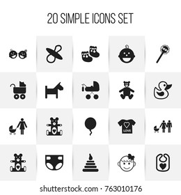 Set Of 20 Editable Kid Icons. Includes Symbols Such As Nappy, Family, Carriage And More. Can Be Used For Web, Mobile, UI And Infographic Design.