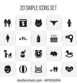 Set Of 20 Editable Kin Icons. Includes Symbols Such As Perambulator, Pony, Madame And More. Can Be Used For Web, Mobile, UI And Infographic Design.