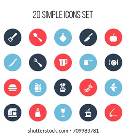 Set Of 20 Editable Meal Icons. Includes Symbols Such As Crusher, Squeezer, Harvest And More. Can Be Used For Web, Mobile, UI And Infographic Design.