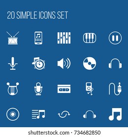 Set Of 20 Editable Media Icons. Includes Symbols Such As Earphone, Equalizer, Loudspeaker And More. Can Be Used For Web, Mobile, UI And Infographic Design.