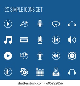 Set Of 20 Editable Melody Icons. Includes Symbols Such As Sound Controlling, Loudspeaker, Start Audio And More. Can Be Used For Web, Mobile, UI And Infographic Design.