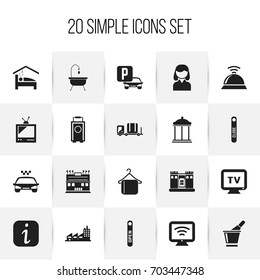 Set Of 20 Editable Motel Icons. Includes Symbols Such As Champagne, Tv, Entrance And More. Can Be Used For Web, Mobile, UI And Infographic Design.