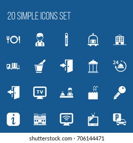 Set Of 20 Editable Motel Icons. Includes Symbols Such As Auto Stand, Champagne , Employee. Can Be Used For Web, Mobile, UI And Infographic Design.