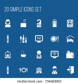 Set Of 20 Editable Motel Icons. Includes Symbols Such As Shower, Female, Open Sign And More. Can Be Used For Web, Mobile, UI And Infographic Design.