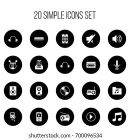 Set Of 20 Editable Mp3 Icons. Includes Symbols Such As Sound Amplifier, Musical Instrument, Media Device And More. Can Be Used For Web, Mobile, UI And Infographic Design.