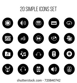 Set Of 20 Editable Mp3 Icons. Includes Symbols Such As Bass Speakers, Tape, Sound Amplifier And More. Can Be Used For Web, Mobile, UI And Infographic Design.