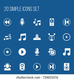 Set Of 20 Editable Multimedia Icons. Includes Symbols Such As Backward, Previous, Musical Instrument And More. Can Be Used For Web, Mobile, UI And Infographic Design.