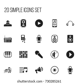 Set Of 20 Editable Multimedia Icons. Includes Symbols Such As Musical Sign, Recorder, Earpiece And More. Can Be Used For Web, Mobile, UI And Infographic Design.
