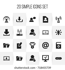 Set Of 20 Editable Network Icons. Includes Symbols Such As Computer, Transfer, Monitor And More. Can Be Used For Web, Mobile, UI And Infographic Design.