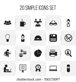 Set Of 20 Editable Office Icons. Includes Symbols Such As Businesswoman, Person Working On Computer, Light And More. Can Be Used For Web, Mobile, UI And Infographic Design.