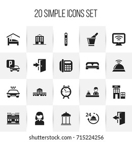 Set Of 20 Editable Plaza Icons. Includes Symbols Such As Phone, Bedroom, Reception And More. Can Be Used For Web, Mobile, UI And Infographic Design.