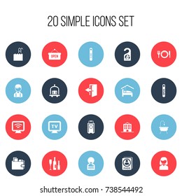 Set Of 20 Editable Plaza Icons. Includes Symbols Such As Employee, Wireless Tv, Shower And More. Can Be Used For Web, Mobile, UI And Infographic Design.